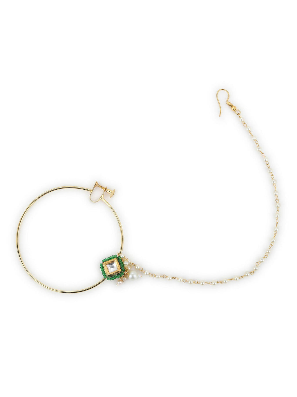 Gold-Polished Green White Kundan Studded Beaded Chained Nosepin - Ruby Raang | Grocsy