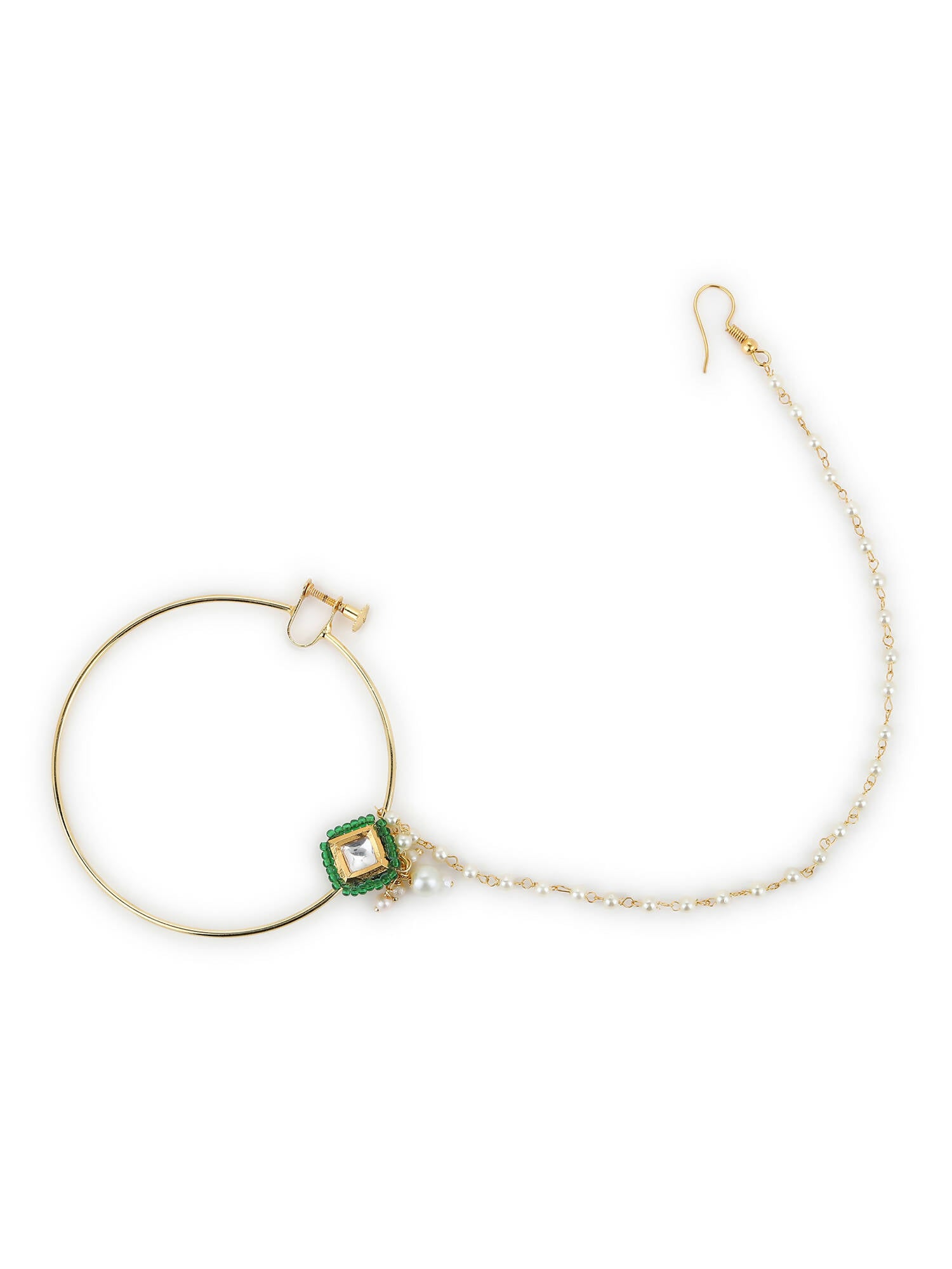 Gold-Polished Green White Kundan Studded Beaded Chained Nosepin - Ruby Raang | Grocsy