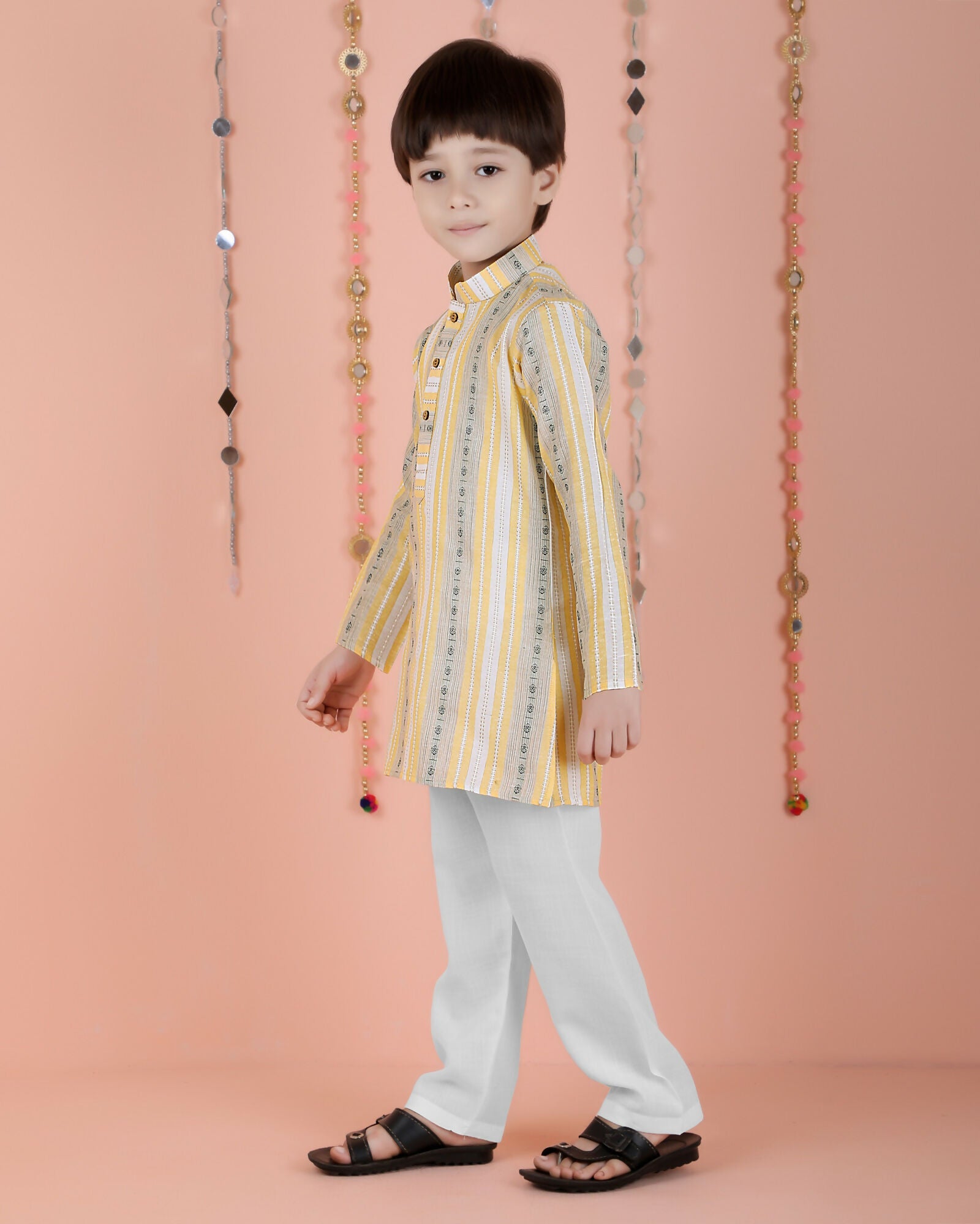 Joban Fashion Kids Island Cotton Full Sleeves Striped Kurta and Pyjama- Yellow | Grocsy