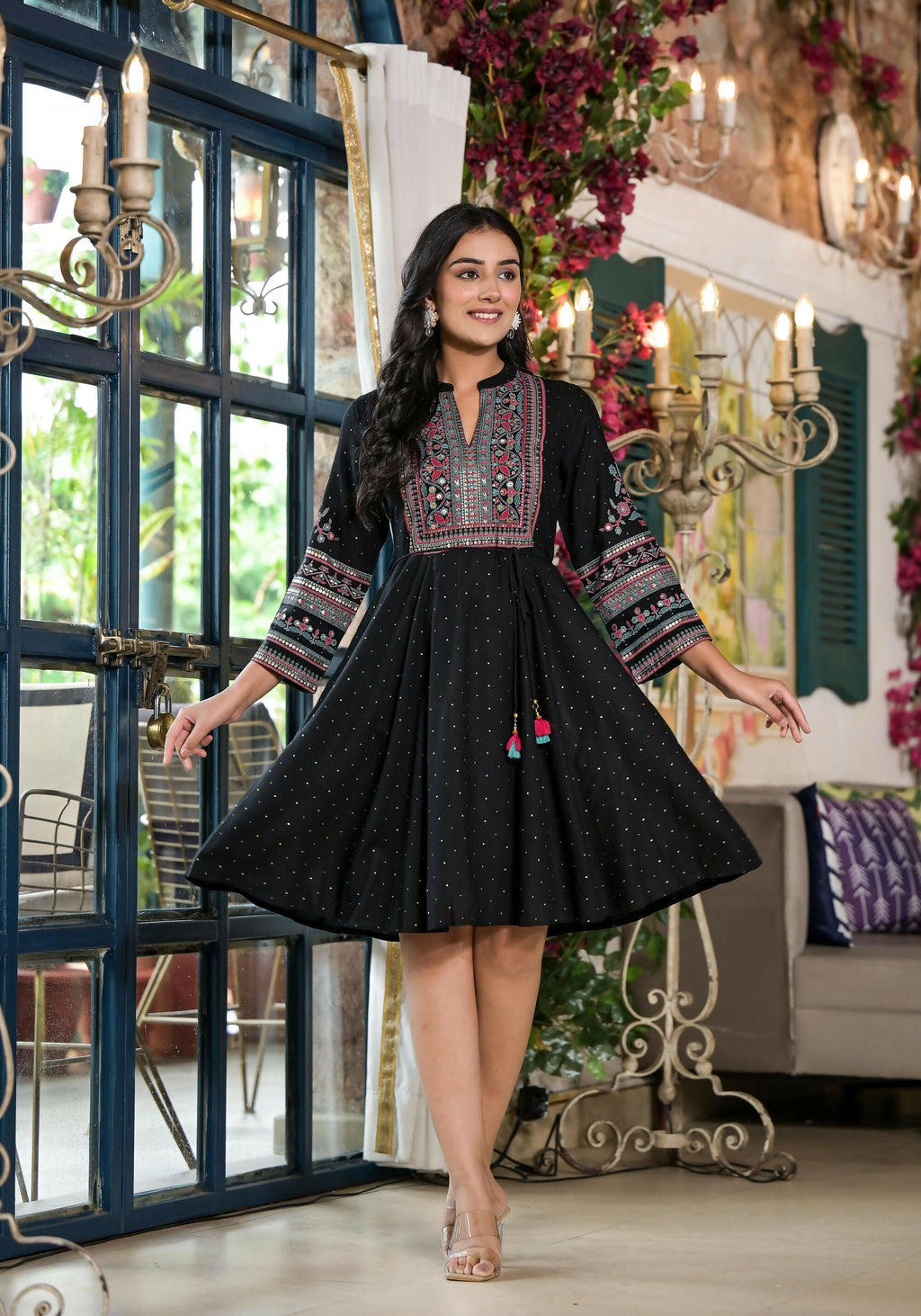 Juniper Women's Black Ethnic Motif Printed Liva Rayon Dress With Dori & Sequin | Grocsy