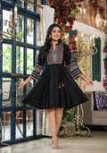 Juniper Women's Black Ethnic Motif Printed Liva Rayon Dress With Dori & Sequin | Grocsy