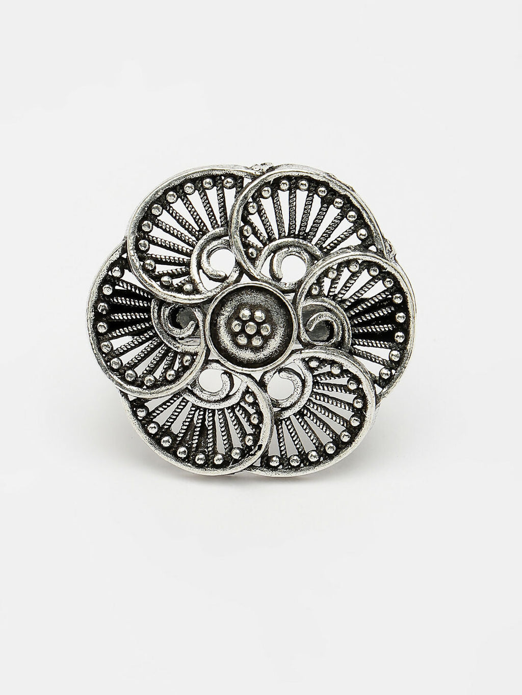 NVR Women's Silver-Toned Floral Shape Adjustable Finger Ring | Grocsy