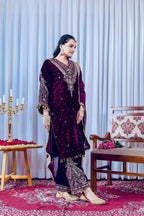 Joban Fashion deep Plum Velvet Embroidery Kurta Set | Grocsy