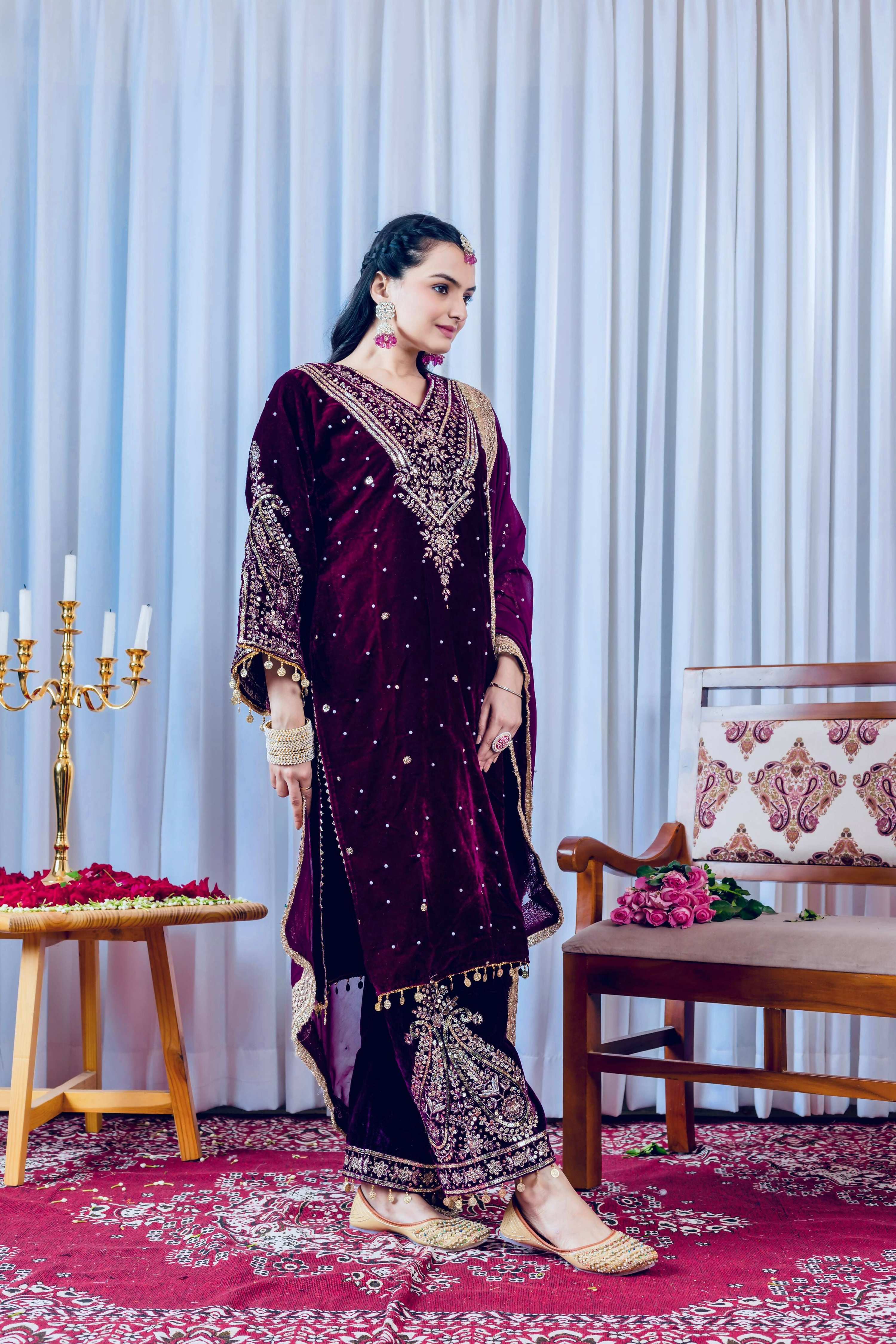 Joban Fashion deep Plum Velvet Embroidery Kurta Set | Grocsy
