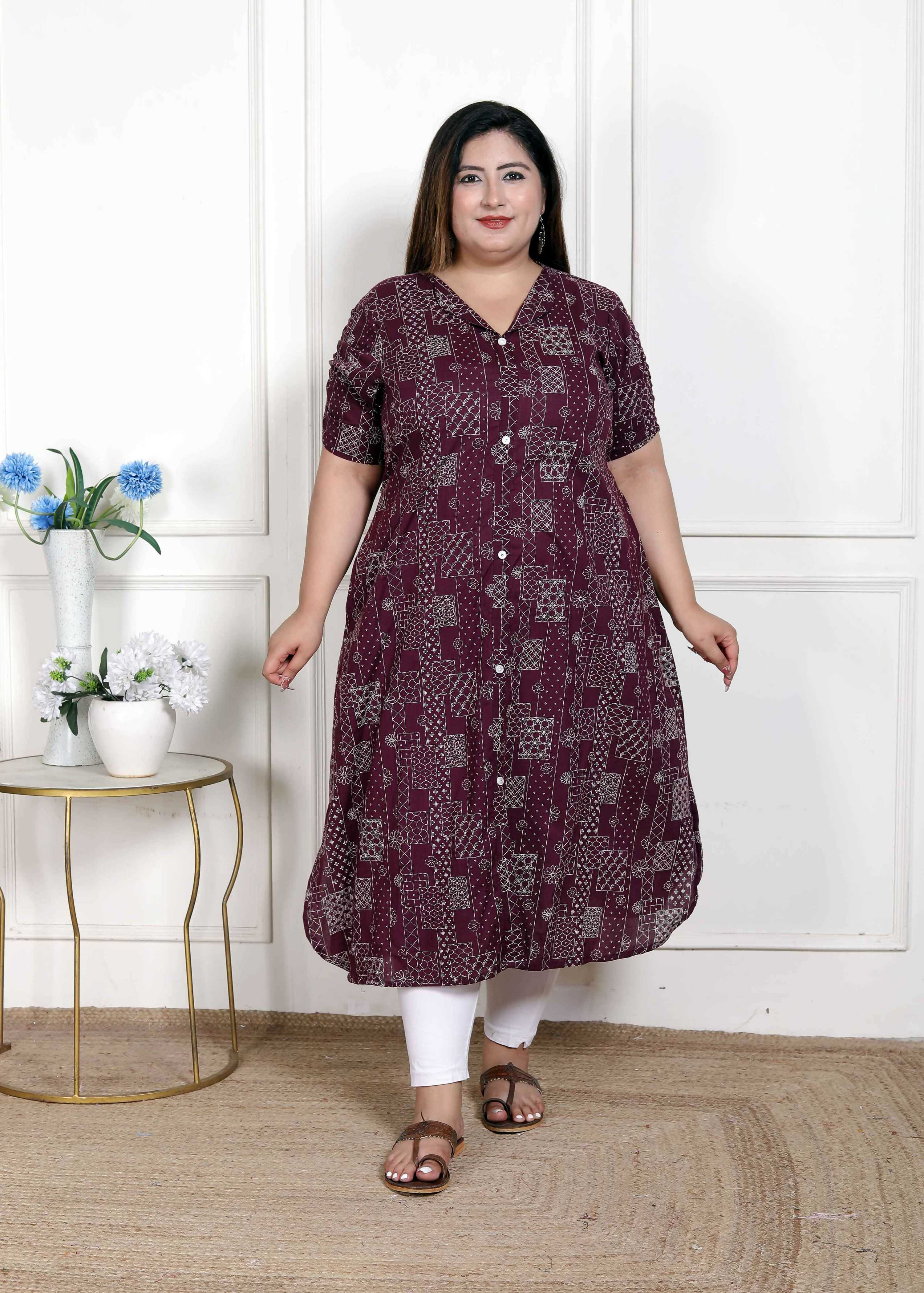 Miravan Women's Plus Size Wine Mandarin Neck Floral Printed A-Line Party wear Kurta | Grocsy