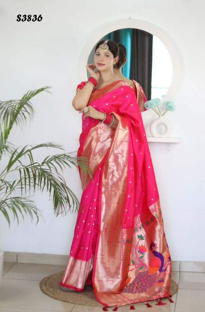 Pink Woven Jacquard Designer Embroidery Work Party Wear Saree - Parampara | Grocsy