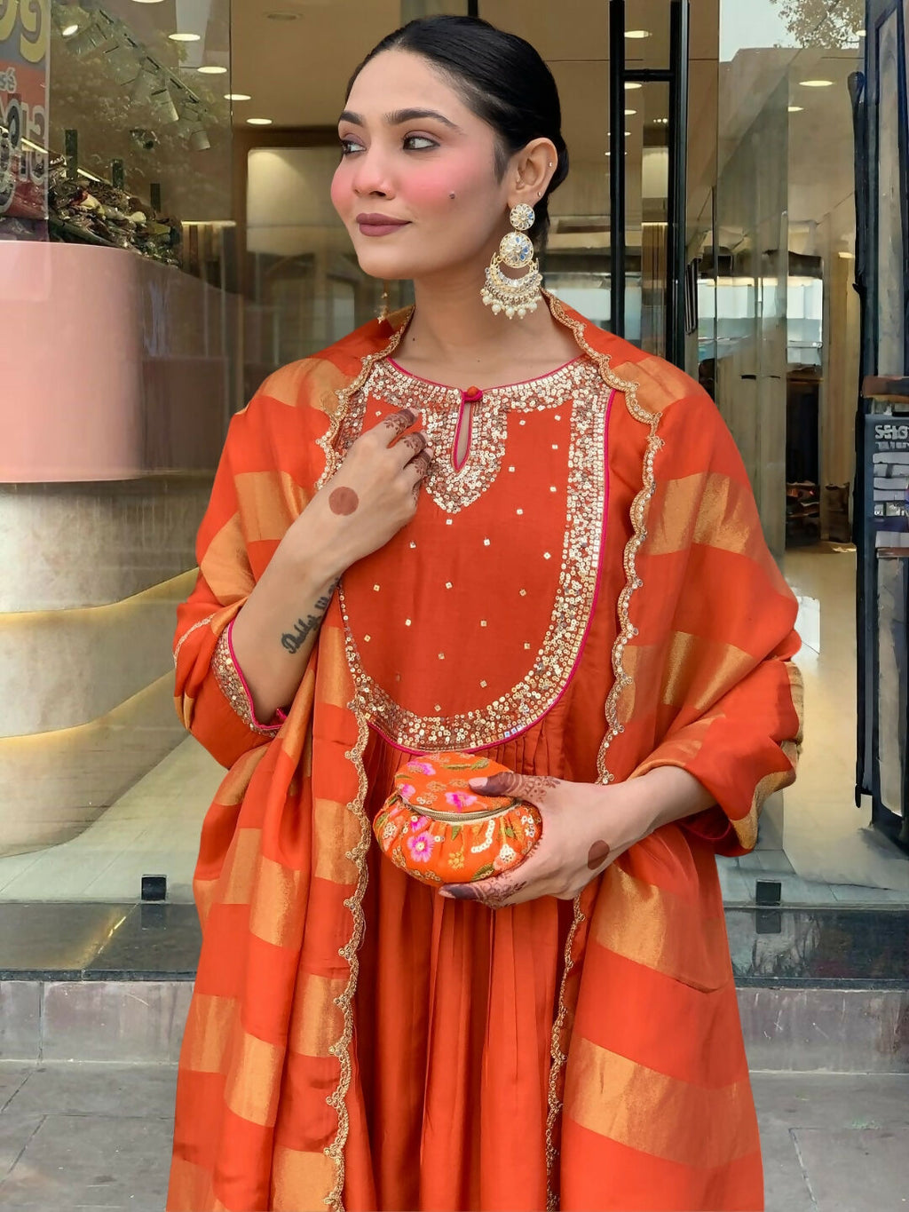 The52 Rust Women's Gorgeous Embroidered Work Chanderi Fabric Flared Kurta Pant and Dupatta Set | Grocsy