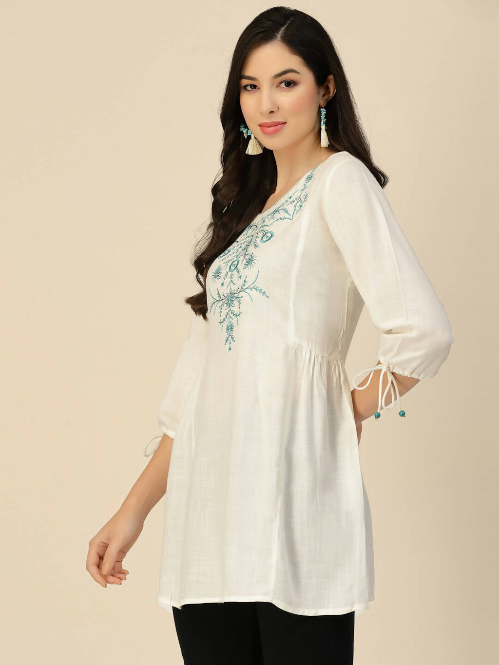 White Poly Rayon Floral Embroidered Top - Zeny | Grocsy
