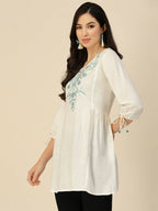 White Poly Rayon Floral Embroidered Top - Zeny | Grocsy
