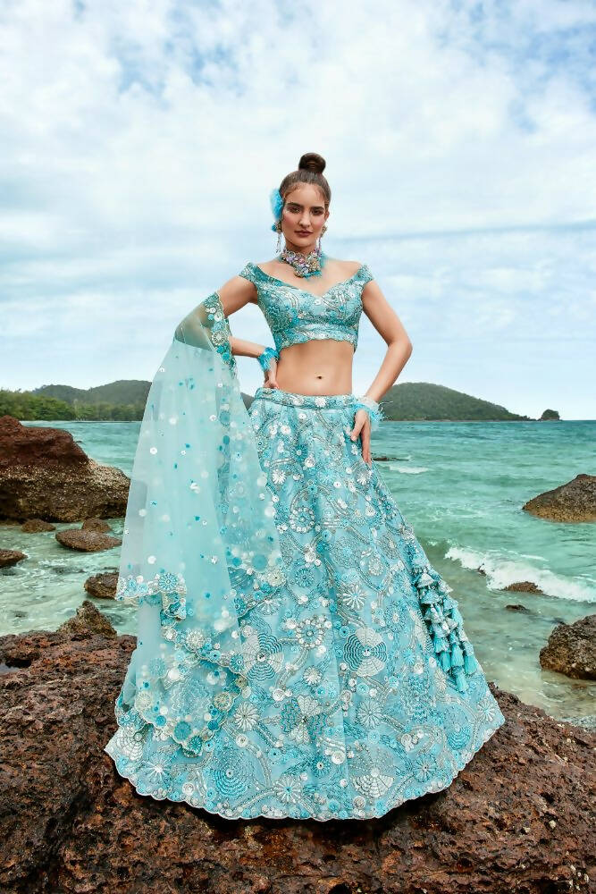 House of Panchhi Sky Blue Organza Sequins, Zarkan And Thread Embroidery Lehenga Choli & Dupatta | Grocsy