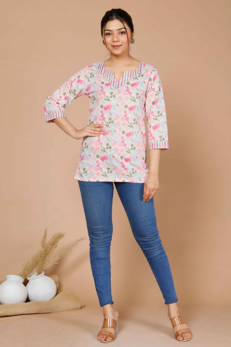 Miravan Women's Floral Printed Pure Cotton Pink Kurti | Grocsy