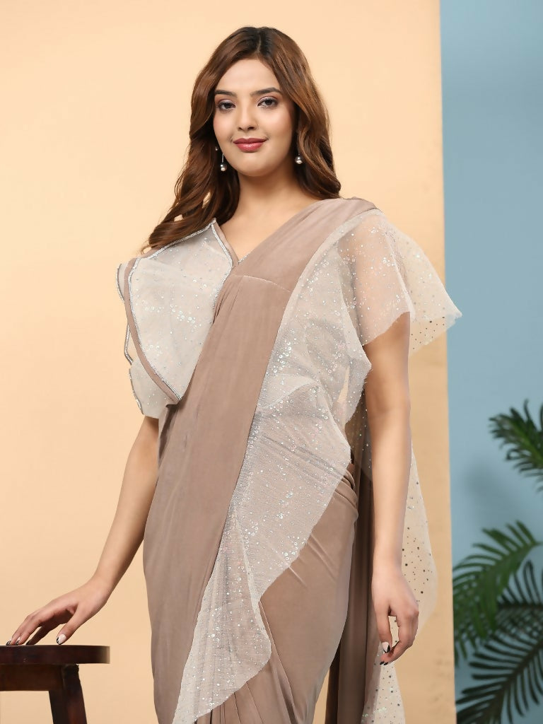 Light Brown Lycra Solid Ready to Wear Saree with stitched Blouse - Nita | Grocsy