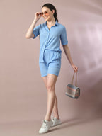 Myshka Women's Blue Solid Regular Fit Shirt | Grocsy