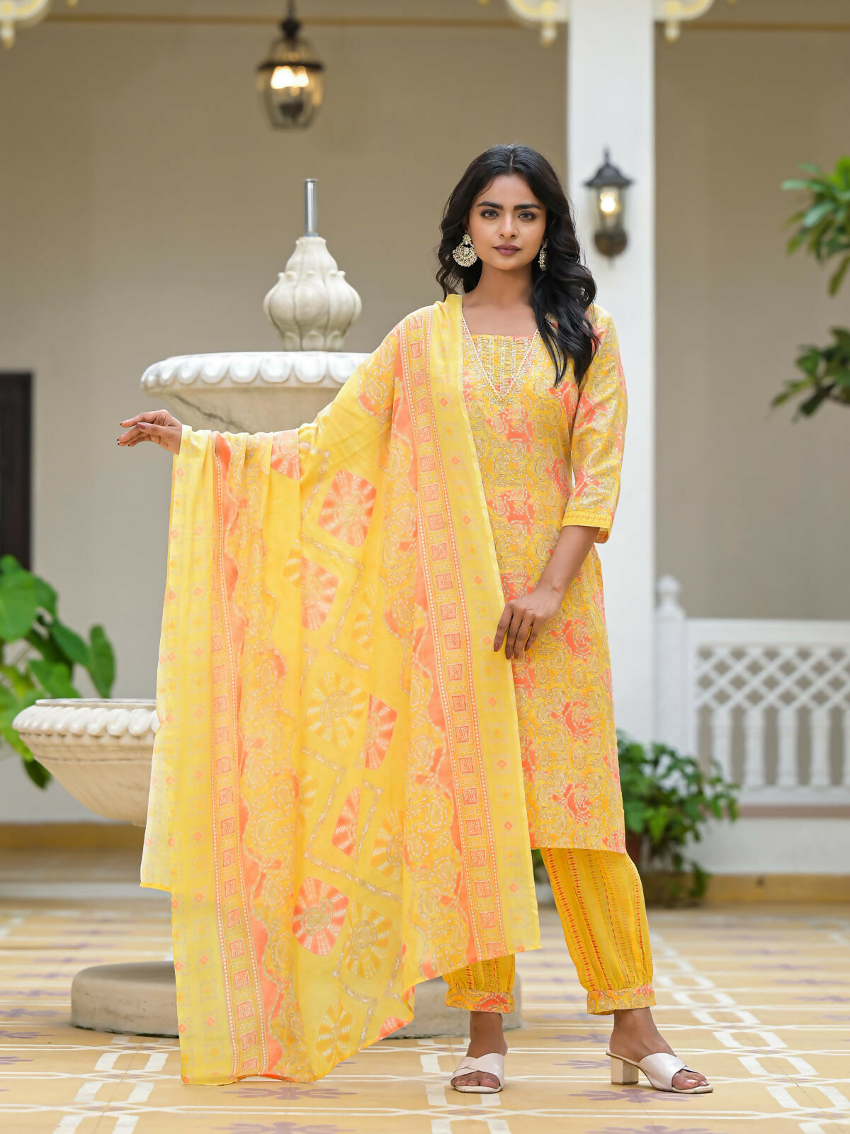 Juniper Women's Yellow Ethnic Motif Printed Cotton Kurta Pant With Dupatta Set With Sequins & Lace | Grocsy