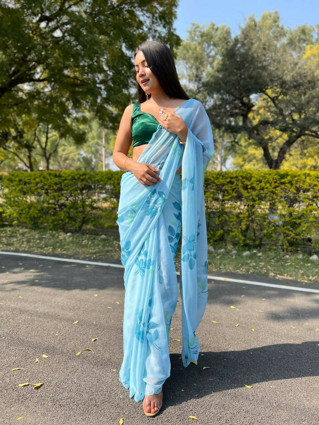 Vamsee Sky Blue Chiffon Designer Saree | Grocsy