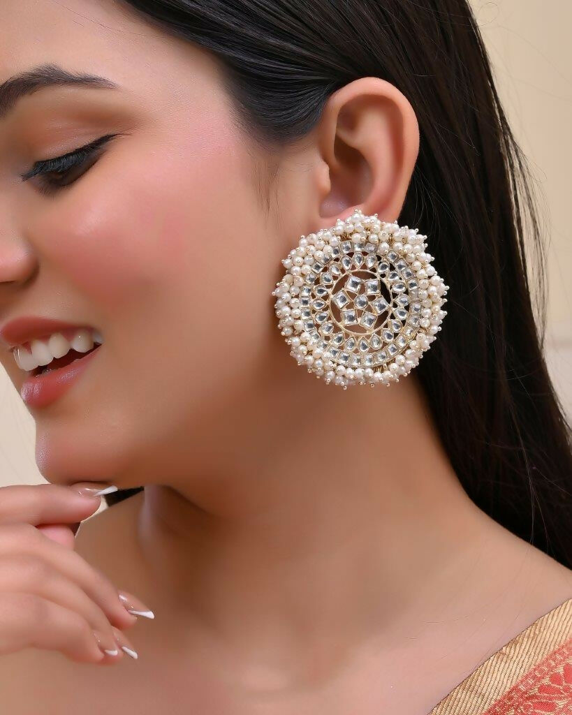 VOJ Gold-Polished White Pearl Cricluar Studs Earrings