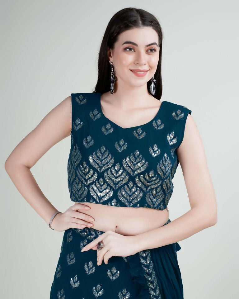 Teal Georgette Sequence Embroidered Lehenga Choli with Dupatta - Tanya | Grocsy