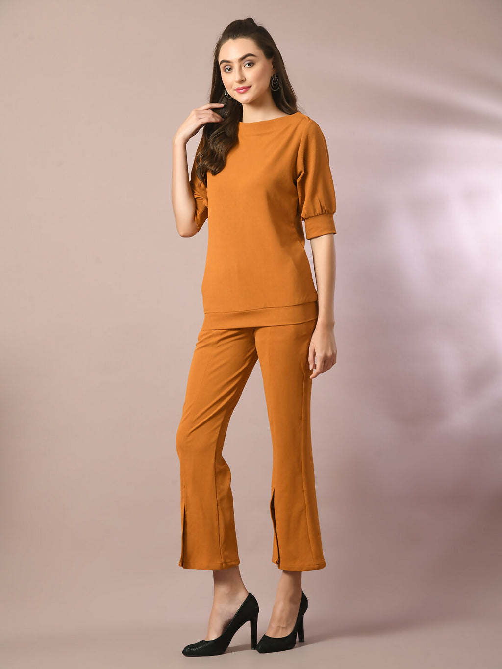 Myshka Women's Mustard Solid Party Parallel Trousers | Grocsy
