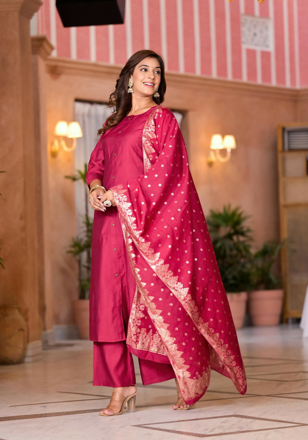 Juniper Women's Fuchsia Zari Embroidered Cotton Kurta Set With Button Closure | Grocsy