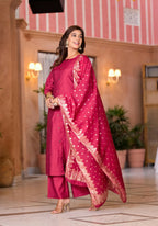 Juniper Women's Fuchsia Zari Embroidered Cotton Kurta Set With Button Closure | Grocsy