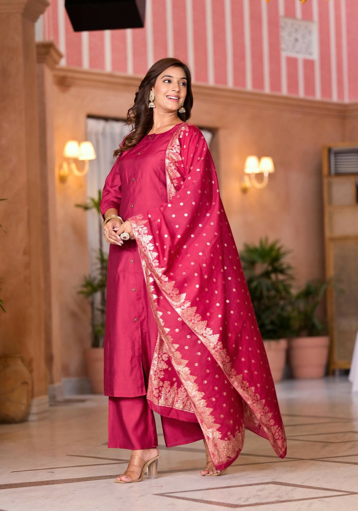 Juniper Women's Fuchsia Zari Embroidered Cotton Kurta Set With Button Closure | Grocsy
