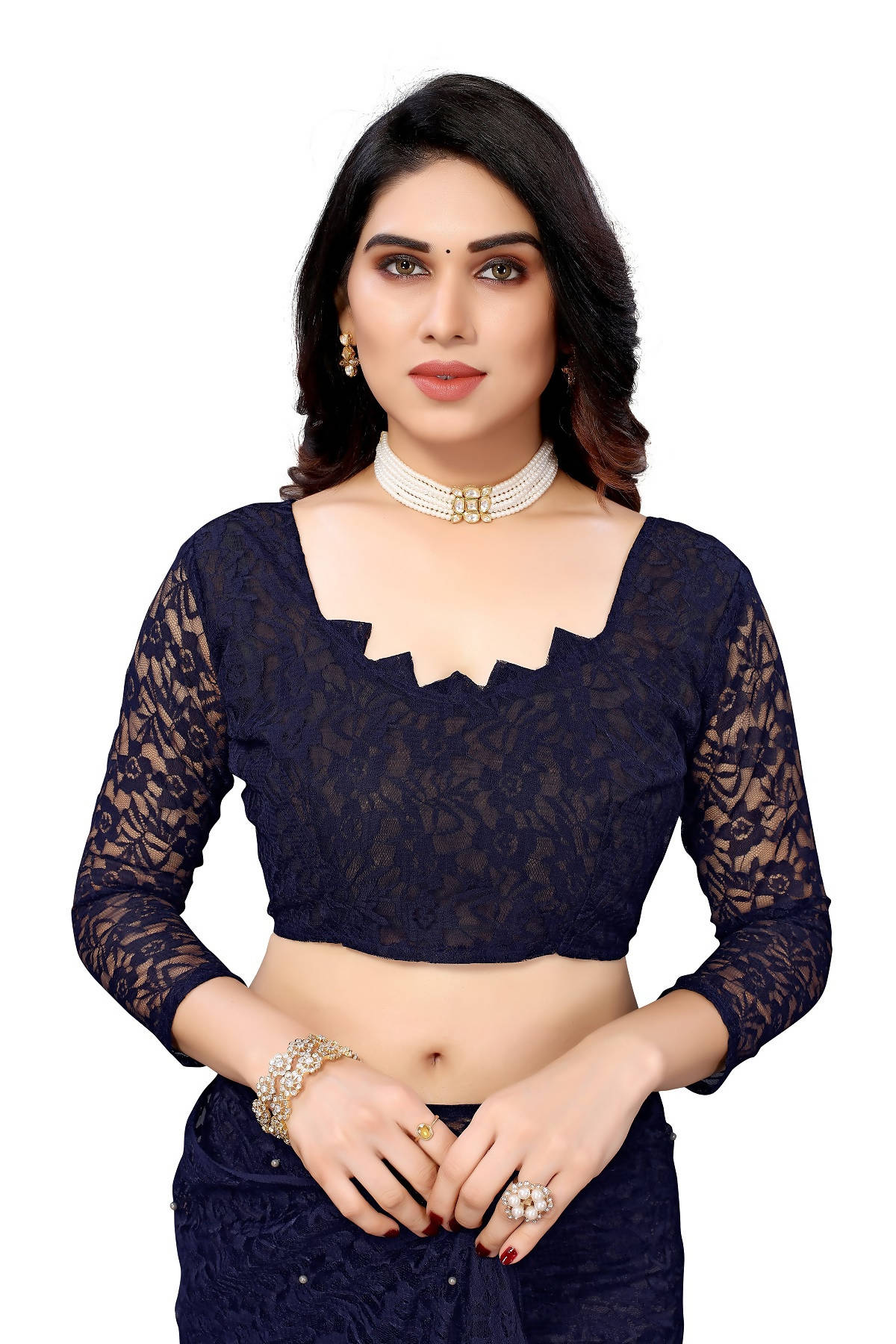 Vamika Ethnic Fire Navy Pearls Net Saree | Grocsy
