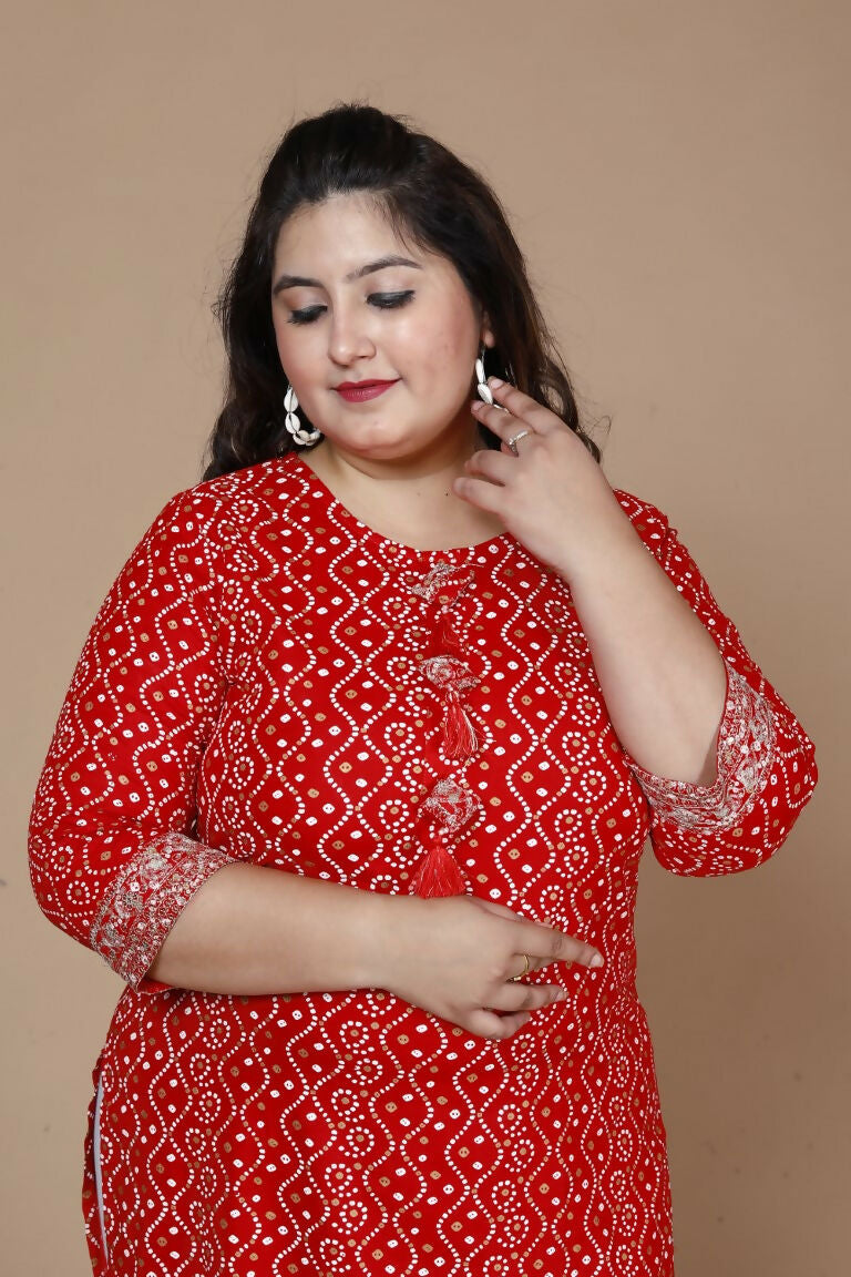 Miravan Women's Plus Size Festive Wear Red Bandhani Printed Straight Kurta | Grocsy