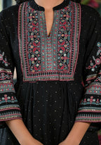 Juniper Women's Black Ethnic Motif Printed Liva Rayon Dress With Dori & Sequin | Grocsy