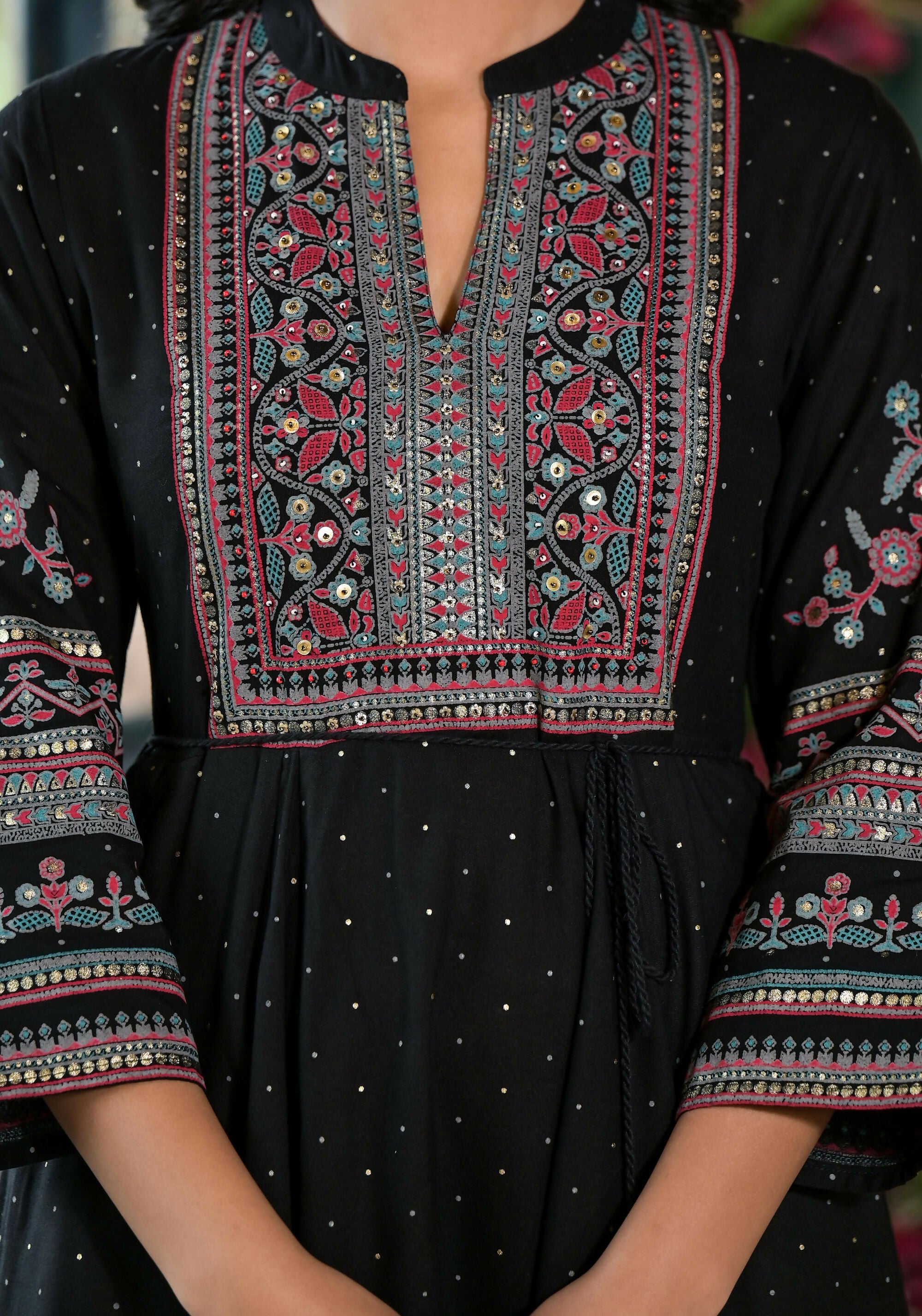 Juniper Women's Black Ethnic Motif Printed Liva Rayon Dress With Dori & Sequin | Grocsy