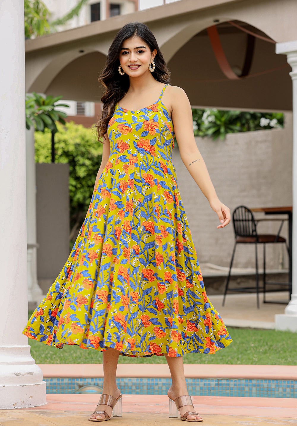 Kaajh Women's Floral Green Hand Block Print Sleeveless Dress | Grocsy