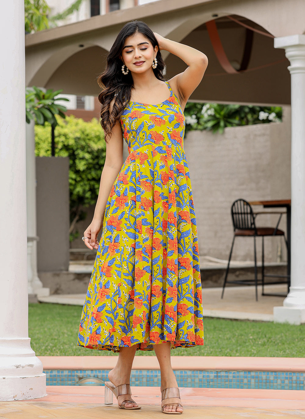 Kaajh Women's Floral Green Hand Block Print Sleeveless Dress | Grocsy