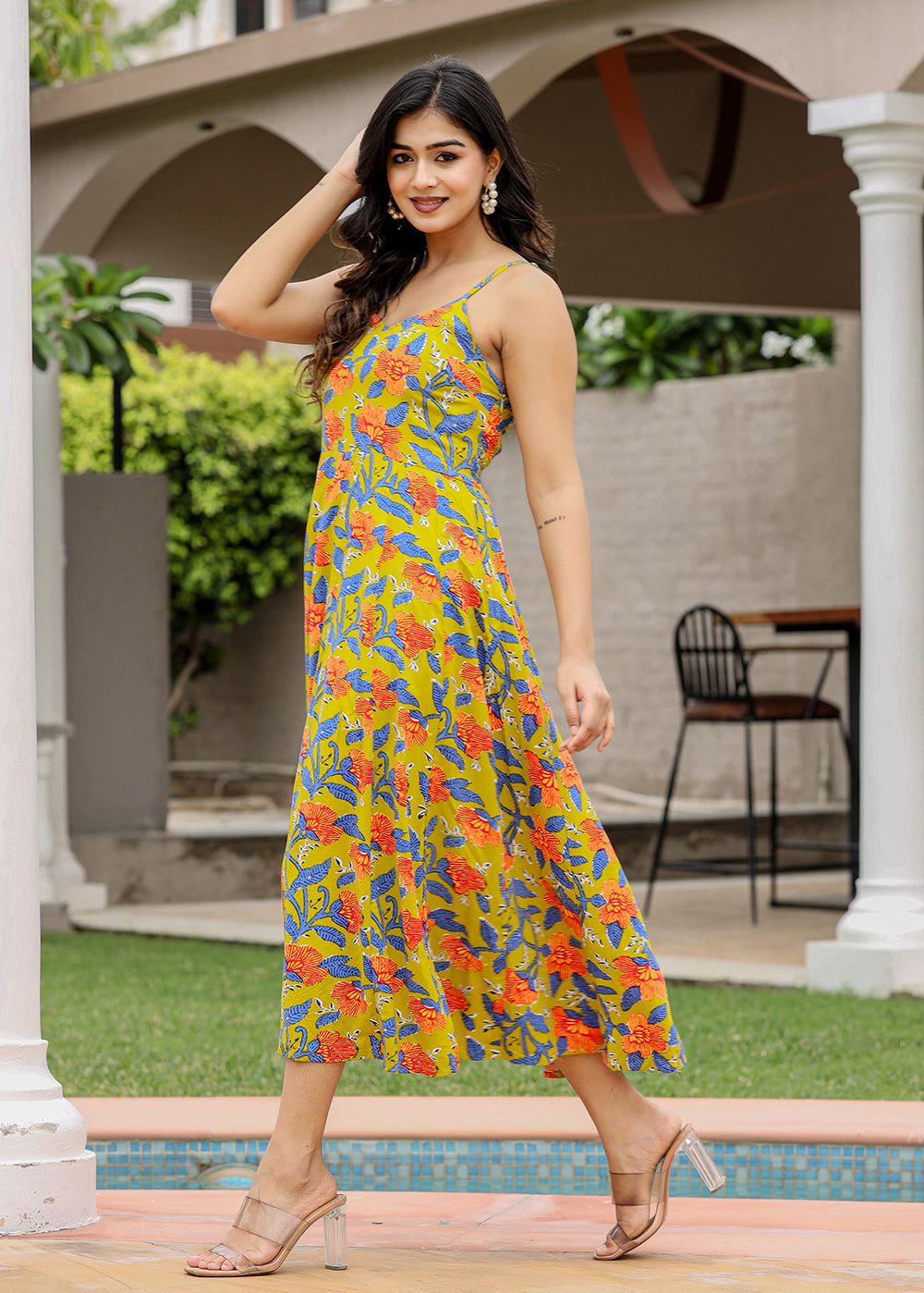 Kaajh Women's Floral Green Hand Block Print Sleeveless Dress | Grocsy