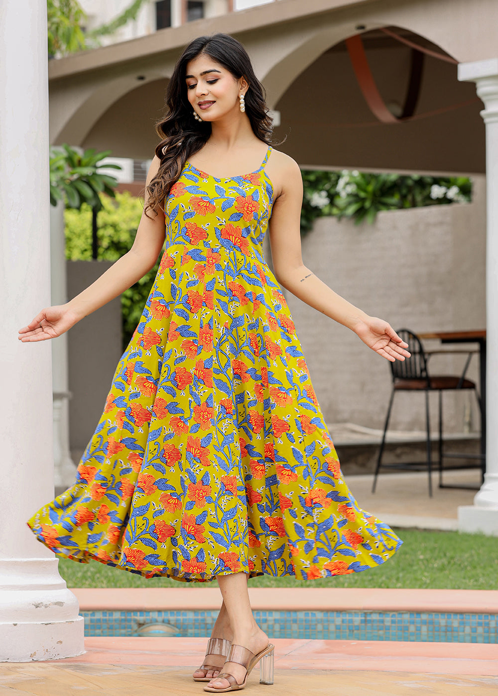Kaajh Women's Floral Green Hand Block Print Sleeveless Dress | Grocsy