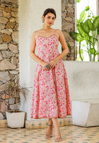 Kaajh Women's Floral Pink Hand Block Print Sleeveless Dress | Grocsy