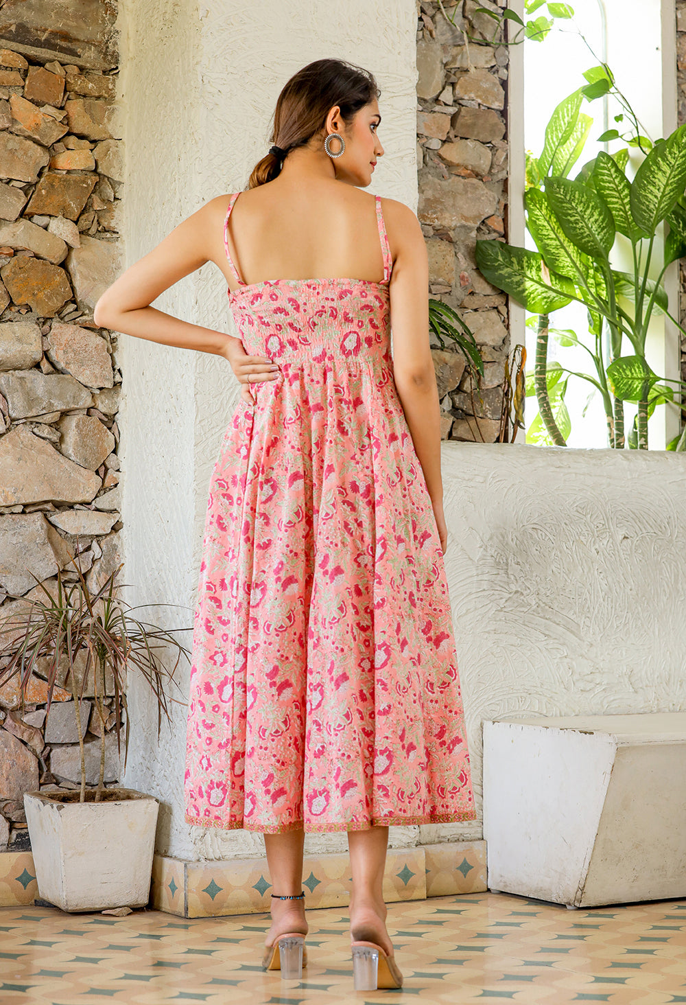 Kaajh Women's Floral Pink Hand Block Print Sleeveless Dress | Grocsy