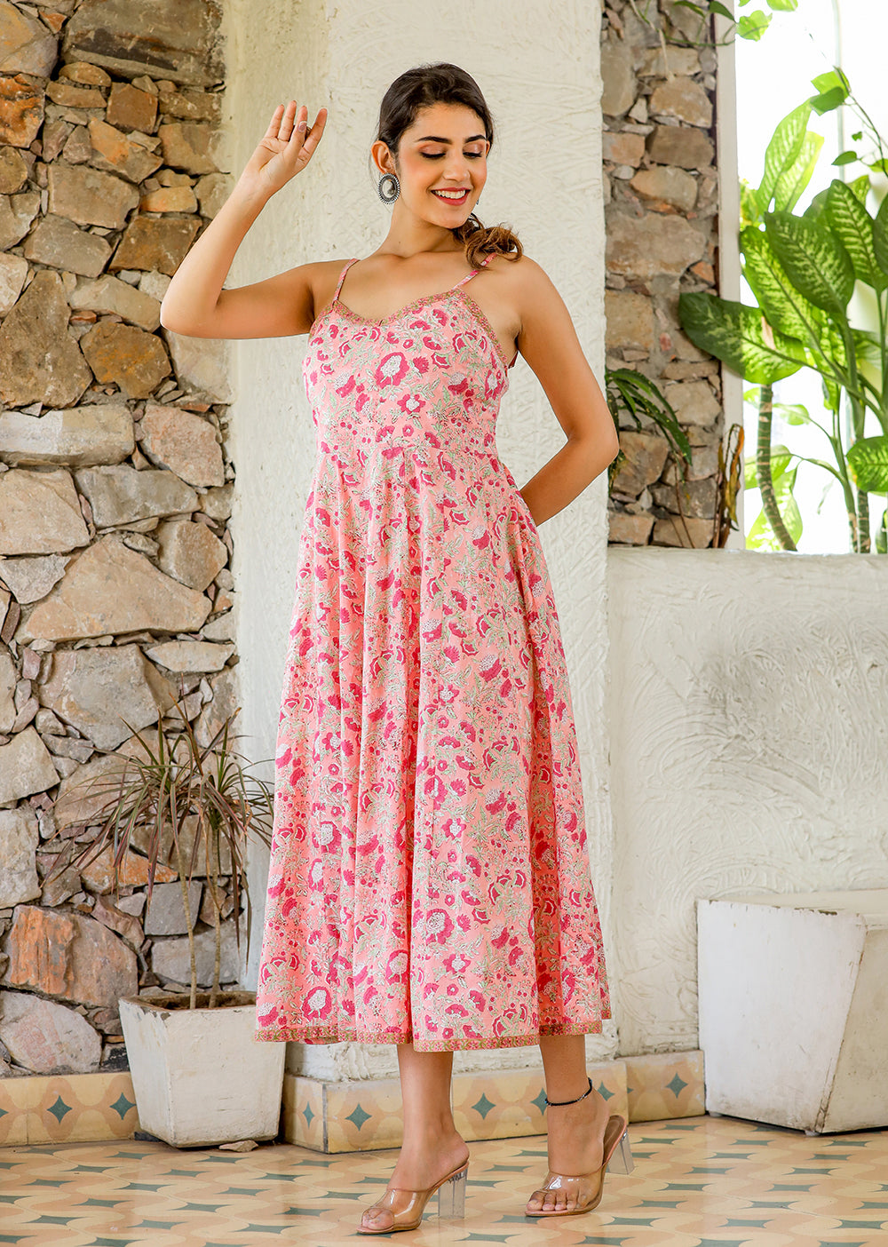 Kaajh Women's Floral Pink Hand Block Print Sleeveless Dress | Grocsy