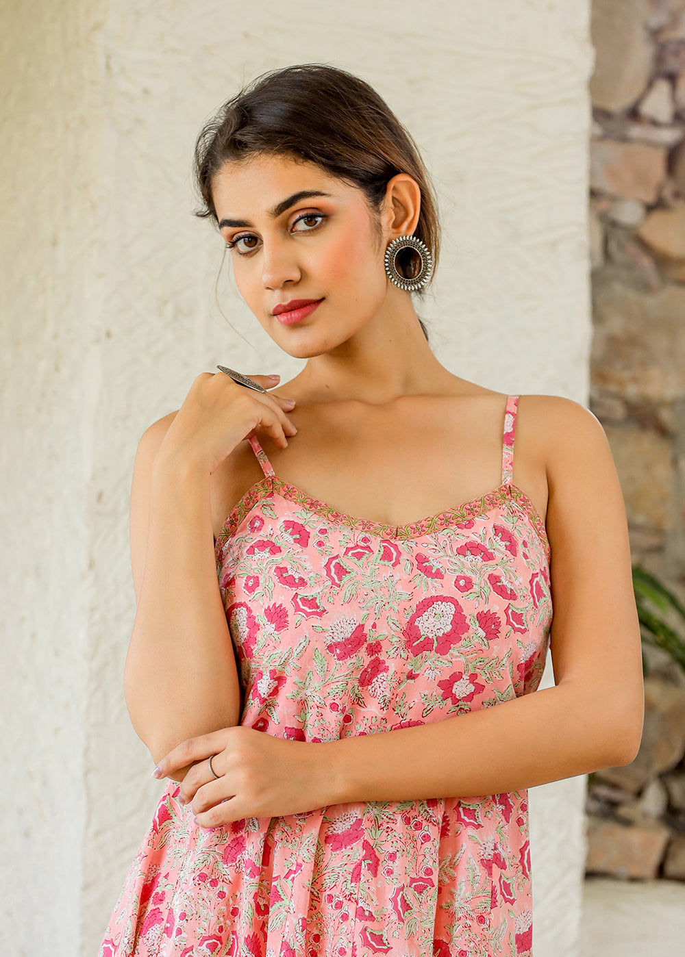 Kaajh Women's Floral Pink Hand Block Print Sleeveless Dress | Grocsy