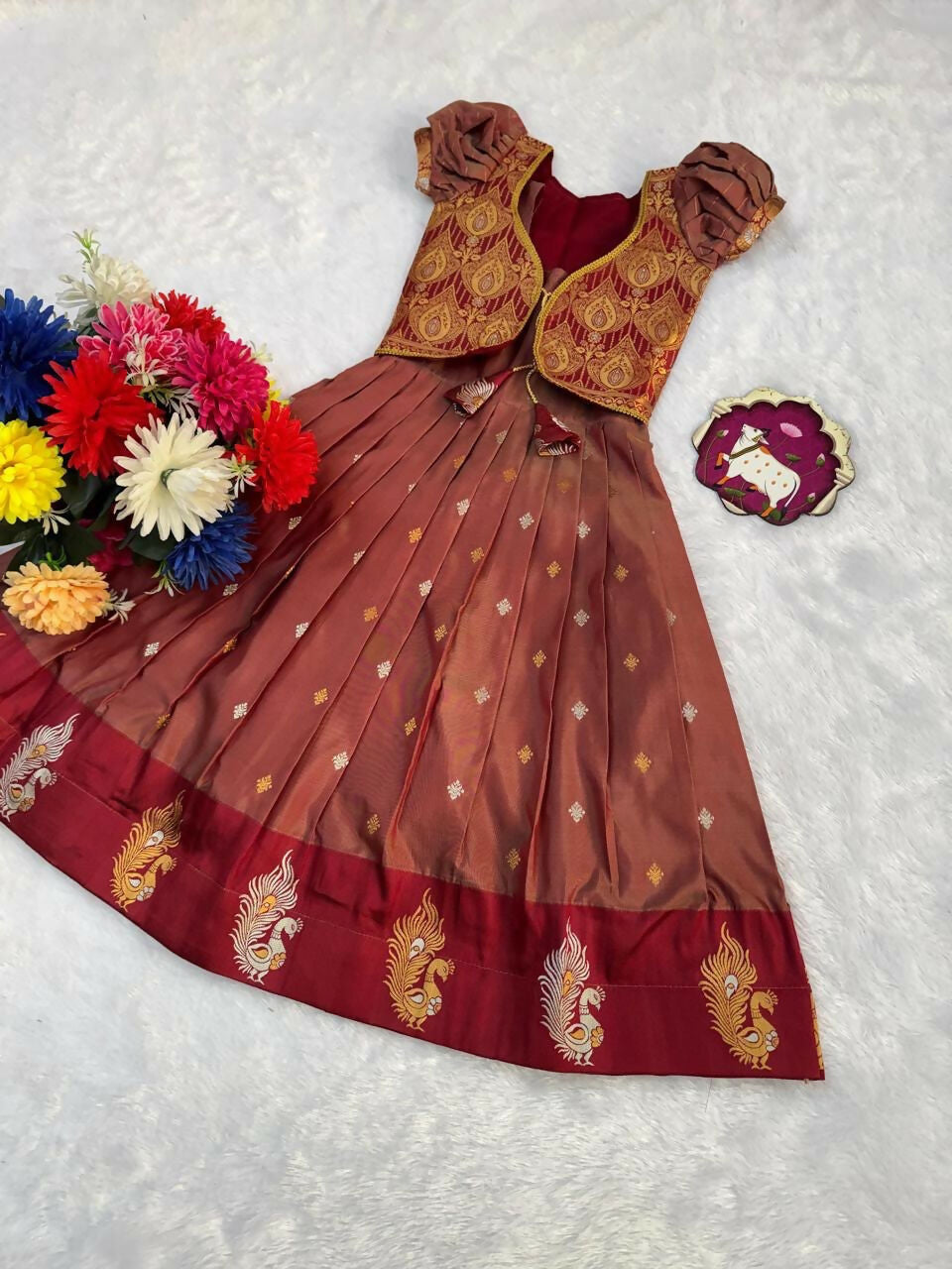 Teeya Creation Girls Rust Red Silk Traditional Langa Voni Lehenga Set With Koti Jacket-Red | Grocsy