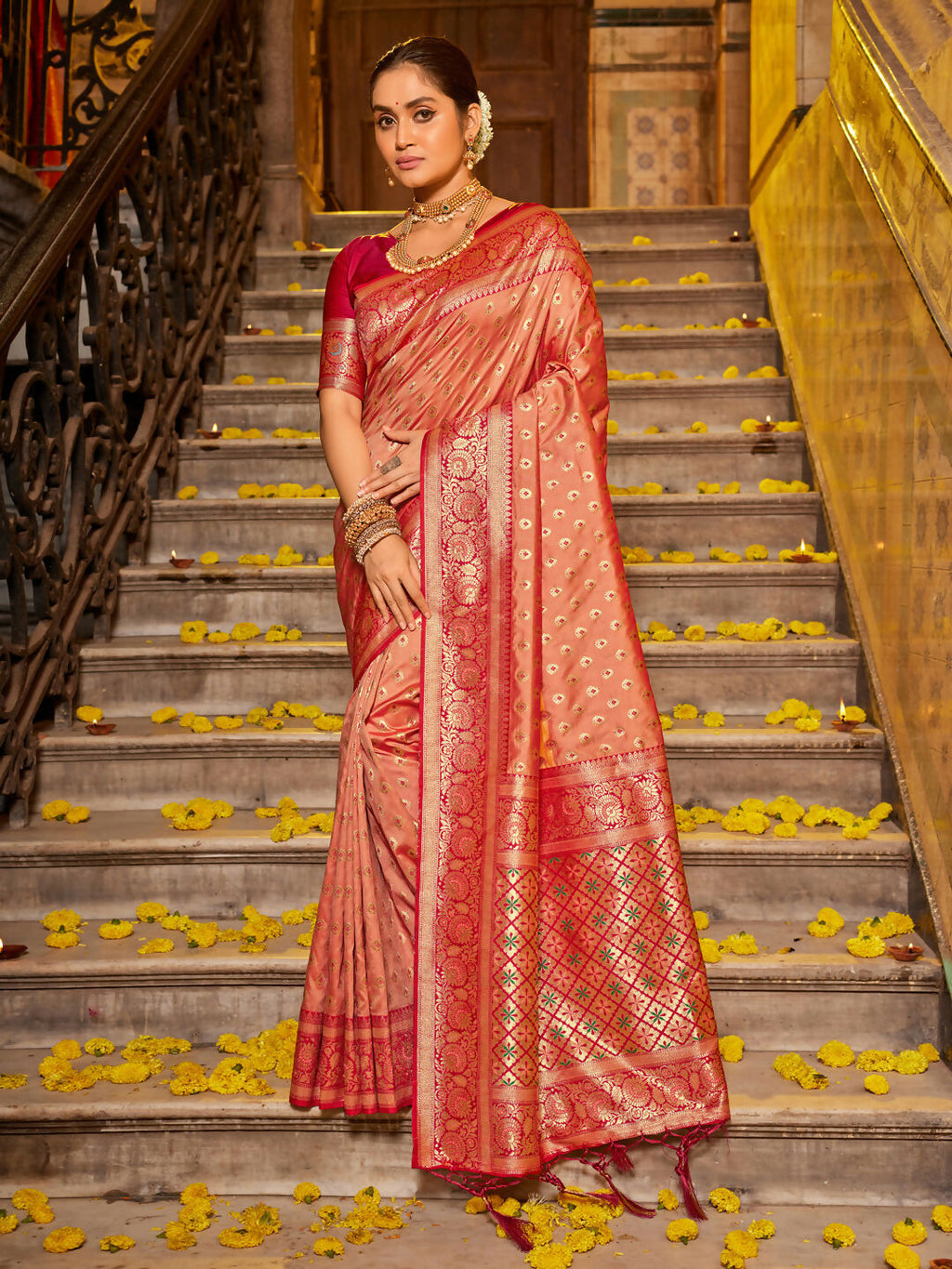 Shree Shyam Fashion Banarasi Silk Peach Saree | Grocsy