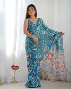 Teal Chinon Designer Digital Printed & Mirror Cut Work Saree - Kriti | Grocsy