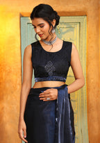 Navy Blue Tom Silk Plain Ready To Wear Saree With Stitched Blouse - Satiksha | Grocsy