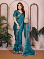Teeya Creation New Trendy Party Wear Soft Satin Chiffon Saree-Teal | Grocsy