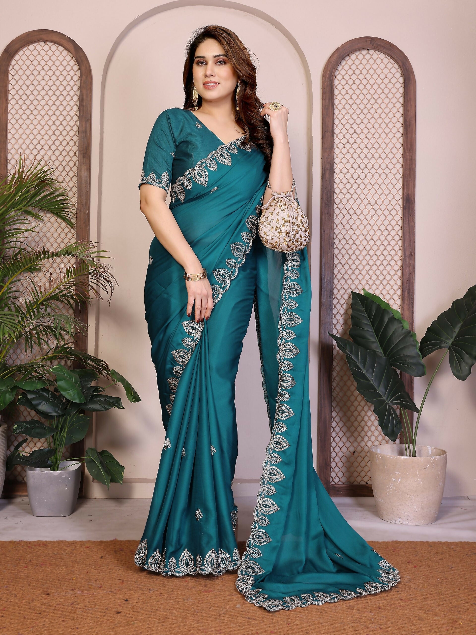 Teeya Creation New Trendy Party Wear Soft Satin Chiffon Saree-Teal | Grocsy