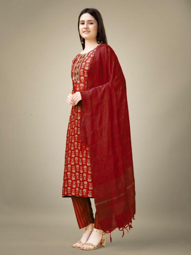 Jyoti Fashion Women's Maroon Rayon Embroidery & Sequence work Kurta with Trouser & Dupatta | Grocsy