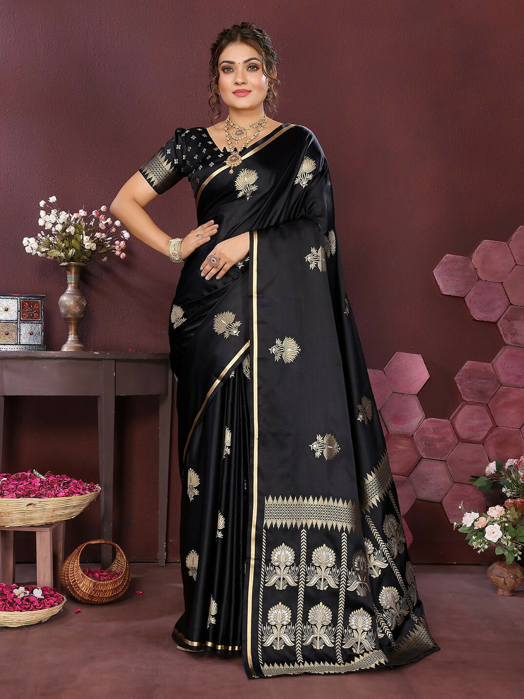 Joban Fashion Black Floral Motifs Banarasi Silk Sarees | Grocsy