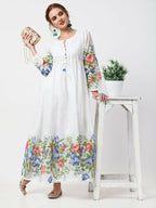 Cheera Women Stylish Hand Chikenkari And Digital Printe Cotton Organza Flared Anarkali Kurta - White | Grocsy