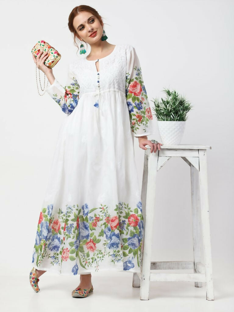 Cheera Women Stylish Hand Chikenkari And Digital Printe Cotton Organza Flared Anarkali Kurta - White | Grocsy
