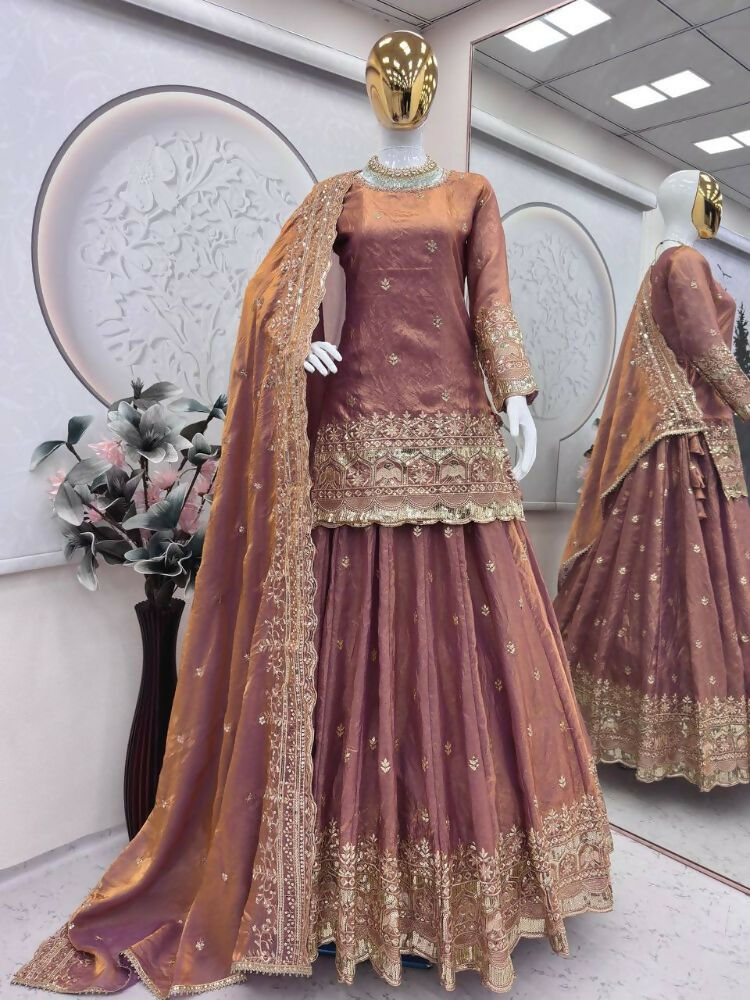 Teeya Creation Onion Color Fendy Satin Heavy Embroidery Work Wedding Wear Stitched Lehenga Choli | Grocsy