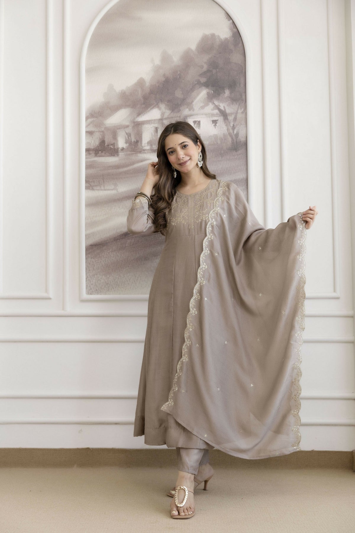 The52 Chiku Women's Beautiful Vichitra Silk Fabric Embroidered Work Flared Anarkali Pant and Dupatta Set | Grocsy