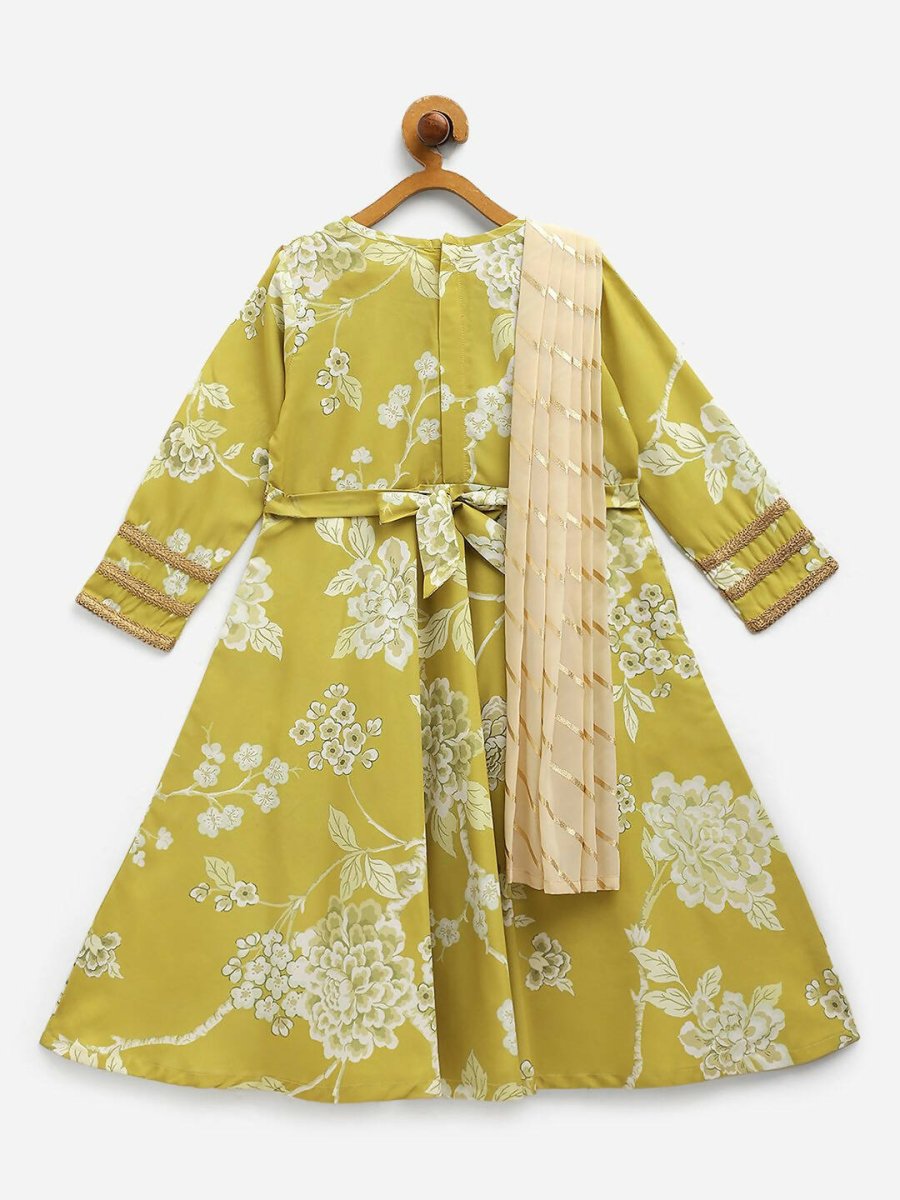 Ahalyaa Lemon Yellow Crepe Digital Print Kids Kurta With Dupatta Set For Girls | Grocsy